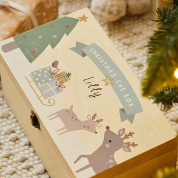 Personalised Reindeer And Presents Wooden Christmas Eve Box Fsc®, 2 of 4