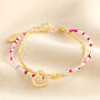 Pink Agate Beaded Scribble Heart Charm Bracelet In Gold, thumbnail 1 of 3