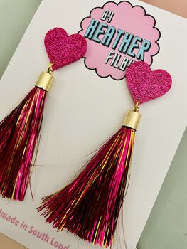 Pink Tassel Heart Glitter Resin Earrings, 5 of 6