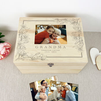 Personalised Lily Photo Memory Box In Natural Wood For Bereavement And Memorial Gift, 3 of 12