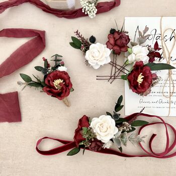 Burgundy Bridal Floral Hair Pins, 7 of 7