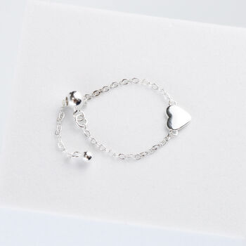 Sterling Silver Heart Charm Adjustable Chain Ring, 2 of 5