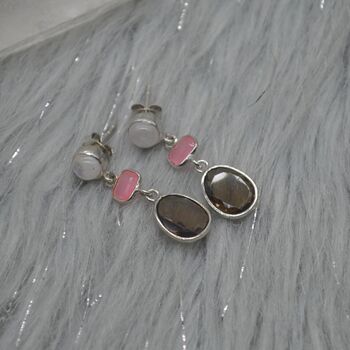 Smoky Quartz, Moonstone, And Jade Silver Earrings, 2 of 5