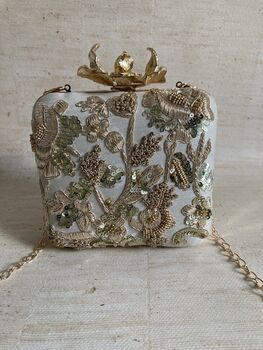 Gold Embroidered Square Handcrafted Clutch Bag, 7 of 10