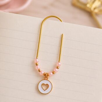 Large Pink Pearl Heart Paperclip Bookmark Charm, 2 of 5