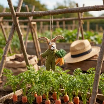 Handmade Felt Gordon The Gardening Hare Decoration, 5 of 5
