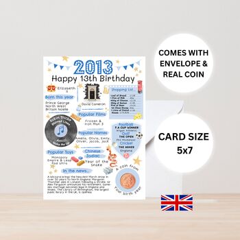 13th Birthday Card With 2013 Coin And Envelope Choose Your Colour, 2 of 3
