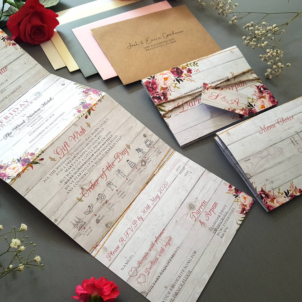 Rustic Pink, Fuchsia & Blush Floral Wedding Invitation with twine