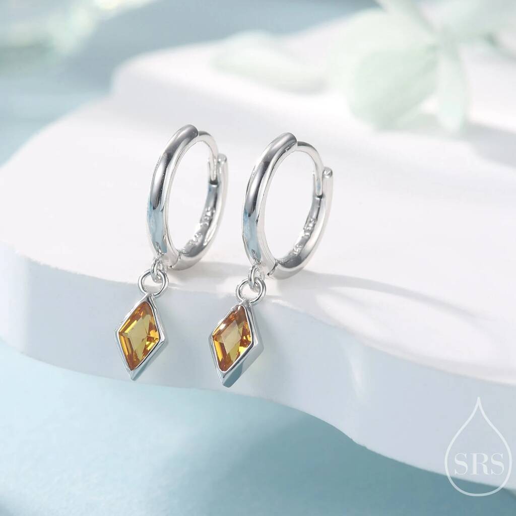 Very Tiny Rhombus Citrine Yellow Cz Huggie Hoop In Sterling Silver, 1 of 12