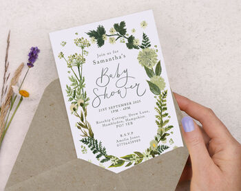 Personalised A6 Green Botanical Baby Shower Invitation, 2 of 3