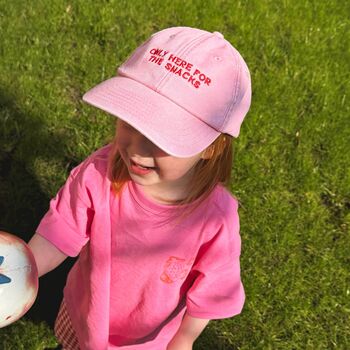 Personalised 'Only Here For…' Matching Adult And Child Cap Set, 2 of 3