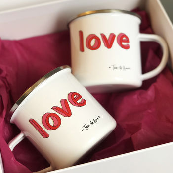 Couples 'Love' Enamel Mug Set With Couples Names, 5 of 6