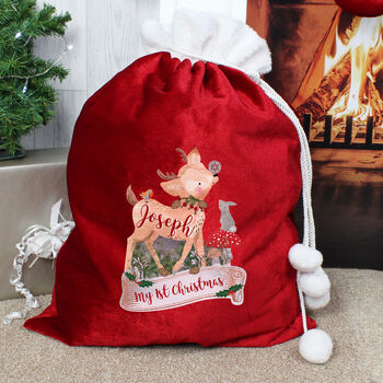 Personalised Festive Fawn Luxury Pom Pom Red Sack, 2 of 3