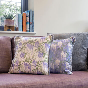 Wisteria Purple Patterned Fringe Cotton Cushion, 4 of 8