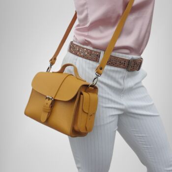 Small Leather Crossbody Satchel Handheld Handbag Canary Yellow With Side Pockets, 2 of 9