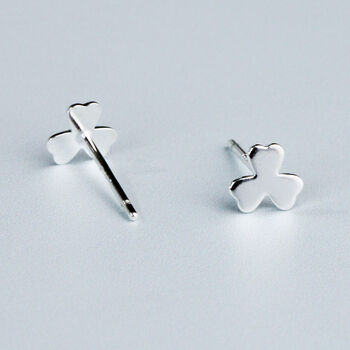 Sterling Silver Minimalist Shamrock Stud Earrings, 3 of 7