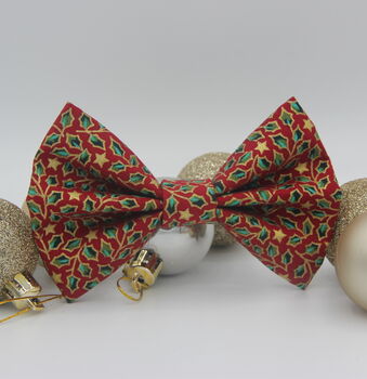 Red And Gold Holly Christmas Dog Bow Tie, 4 of 12