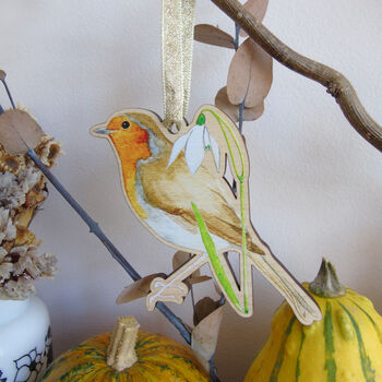 Robin And Snowdrop Wooden Hanging Decoration, 5 of 11