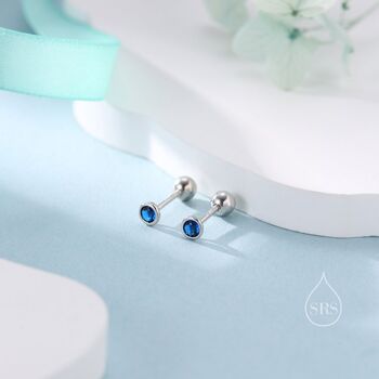 Sterling Silver Tiny Sapphire Blue Cz Bezel Screw Back Earrings, 8 of 12