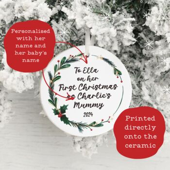 Personalised Name First Christmas As A Mummy Wreath Decoration, 2 of 4