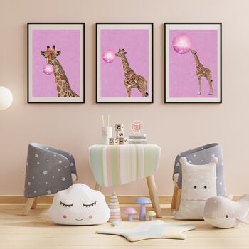 Pink Giraffe Bubble Gum Blowing Wall Art Print, 2 of 9