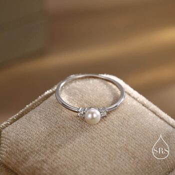 Sterling Silver Genuine Freshwater Pearl And Cz Ring, 3 of 12