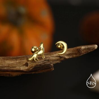 Mismatched Wolf And Moon Screw Back Earrings In Sterling Silver, 4 of 12