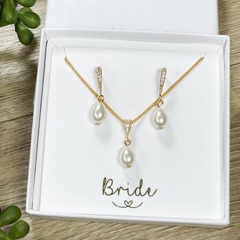 Gold Plated Bridal Pearl Earrings Necklace, 2 of 6