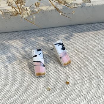 Baby Pink And Gold Pink Ceramic Bar Stud Earrings Abstract Splatter Minimalist Studs, 6 of 11