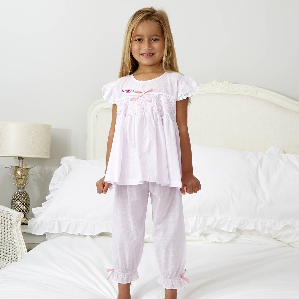 Personalised Girl's Pink Lilac Smocked Pyjamas By Mini Lunn ...