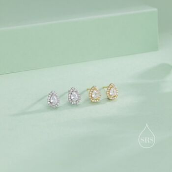 Tiny Droplet Cz Halo Stud Earrings In Sterling Silver, 7 of 12