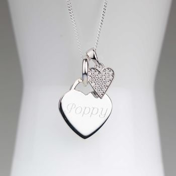 Engraved Silver Heart Necklace With Sparkly Heart, 2 of 6