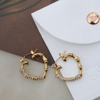 18 Kt Gold Pave Bamboo Heart Hoop Earrings, 4 of 9