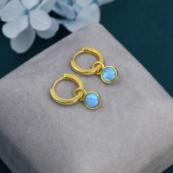 Sterling Silver Dangling Blue Opal Hoop Earrings, 3 of 11