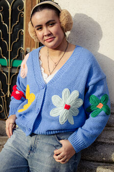 Bold Blue Crochet Applique Bold Floral Cardigan, 3 of 6