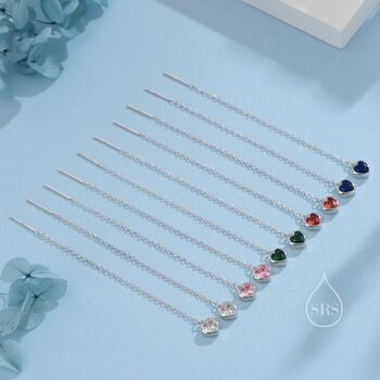 Tiny Sapphire Blue Cz Heart Threader Earrings, 3 of 11