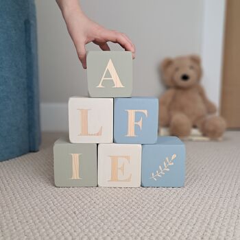 Personalised Baby Name Wooden Blocks Green, Blue, Cream, 2 of 12