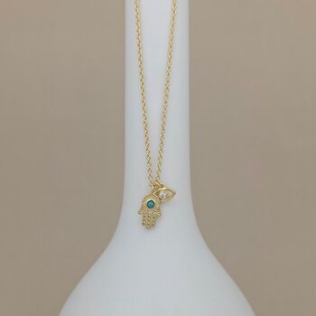 Gold Plated Hamsa Hand And Evil Eye Necklace, 2 of 3