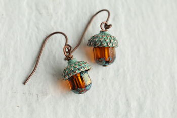 Verdigris Amber Acorn Earrings, 3 of 9