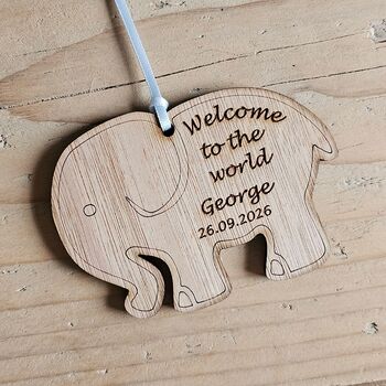 Personalised New Baby Hanging Elephant Decoration Card, 4 of 4