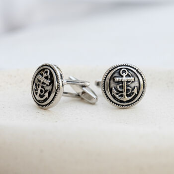Fouled Anchor Rhodium Plated Round Cufflinks, 3 of 6