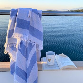 Coastal Stripe Peshtemal Towel Harbour Blue, 7 of 12