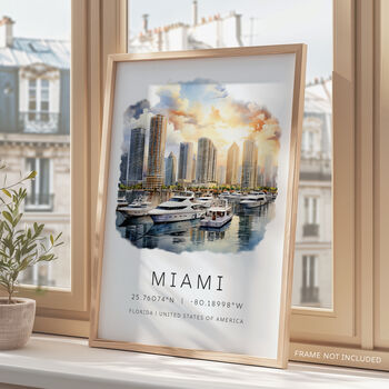 Travel Wall Art With Map Coordinates For Miami Florida, 2 of 7