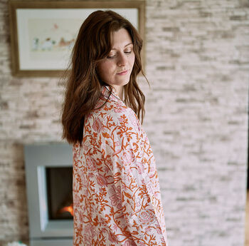 Orange And Pink Organic Floral Block Printed Pyjamas, 7 of 9