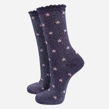 Women's Glitter Socks Navy Pink Stars, 2 of 4