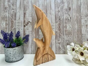 Hand Carved Wooden Teak Dolphin Sculpture 30cm Ornament Figurine Gift, 3 of 9