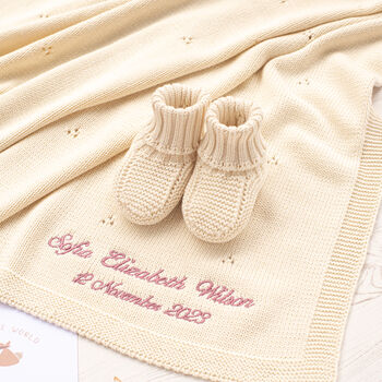 Toffee Moon Cream Pointelle Baby Blanket And Booties Set, 2 of 12