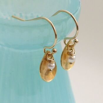 Brushed Leaf And Freshwater Pearl Earrings, 9 of 12