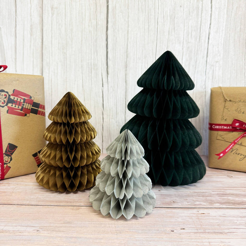 Three Assorted Mini Christmas Tree Honeycomb Decorations | Pop Up Paper Centrepiece, 1 of 3