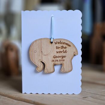 Personalised New Baby Hanging Elephant Decoration Card, 2 of 4